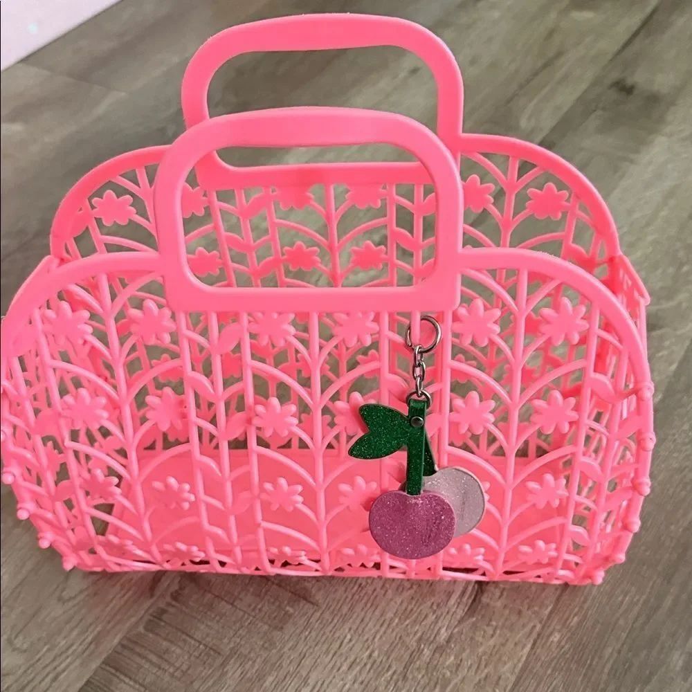 Pink Floral Plastic Tote Bag with Cherry Charm